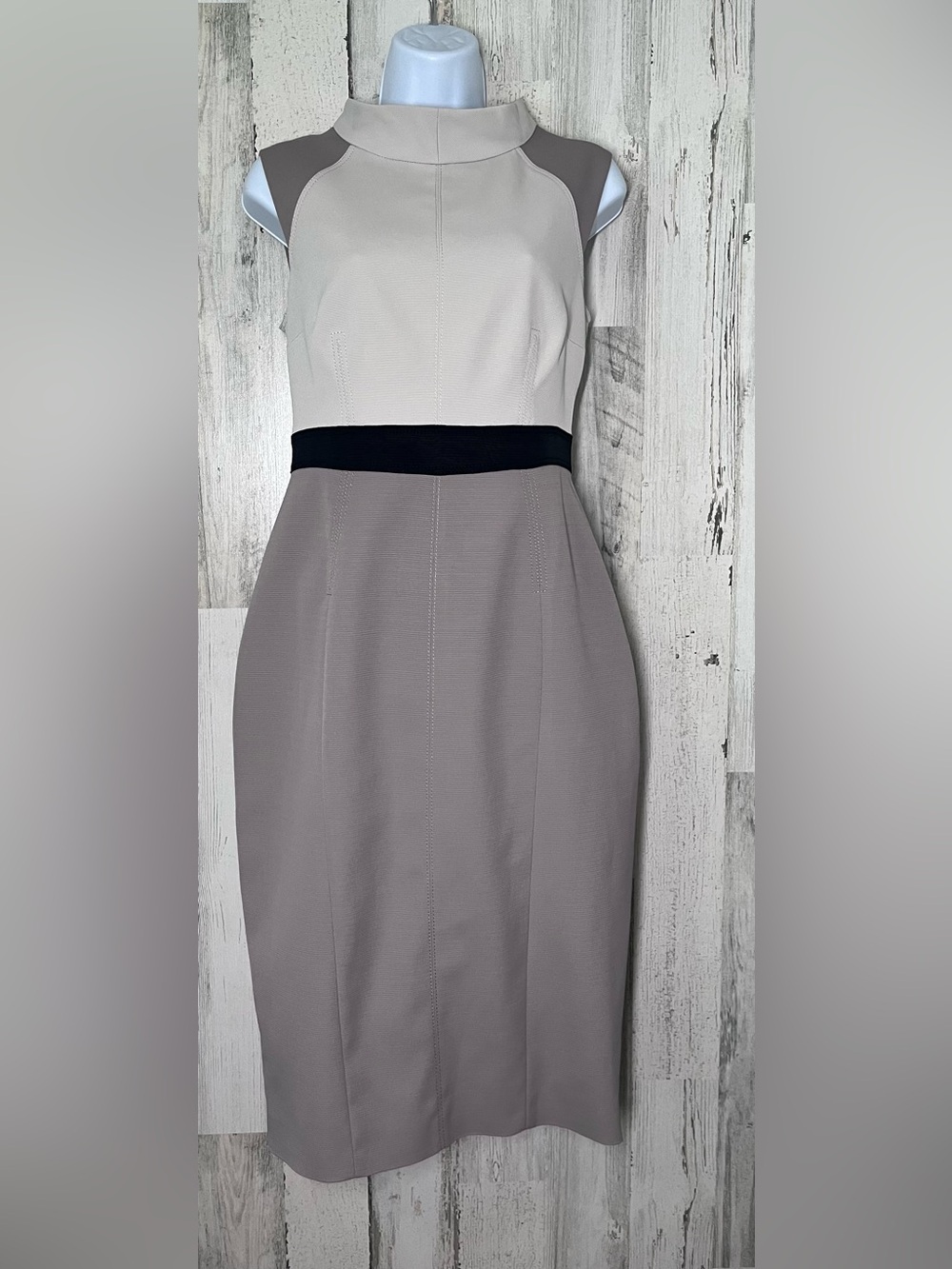 Karen Millen Cream, Taupe and Black Colorblock Midi Sheath Dress size 8